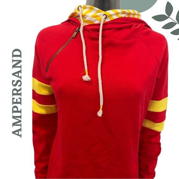 Ampersand Ave Doublehood Hoodie | Red & Yellow Striped Sleeves | Bright Size XS - Picture 5 of 10